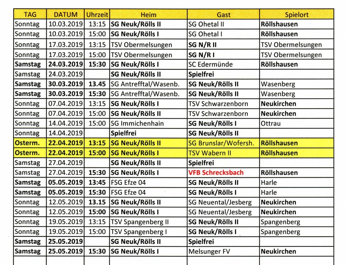 Rest-Rückrundenspielplan für die SGNeukirchen-Röllshausen