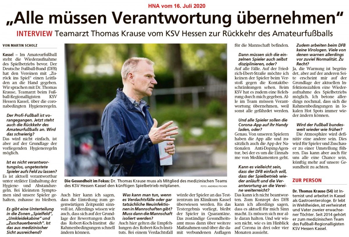 Mannschaftsarzt des KSV Hessen Kassel zum Neustart im Amateurfußball