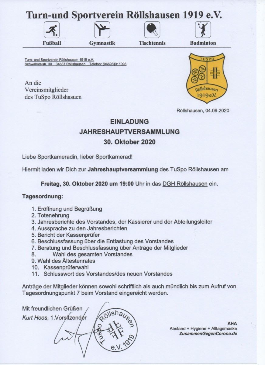 Jahreshauptversammlung findet Ende Oktober statt