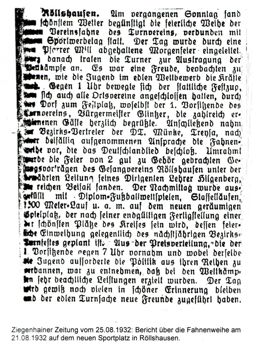 Zeitungsbericht über die Weihe der neuen Vereinsfahne des TuSpo Röllshausen