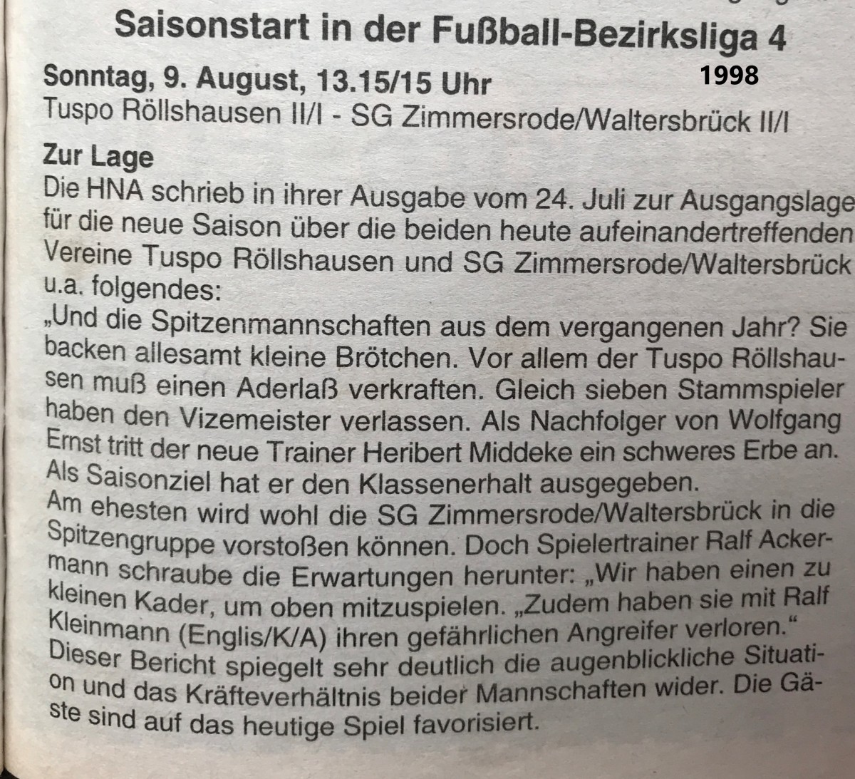 1998/99 - Schwierige Saison für Trainer Heribert Middecke