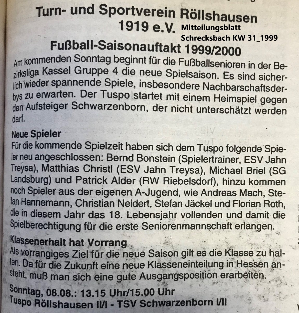 Saison 1999-2000 mit Bernd Bonstein