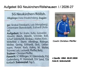 Aufgebot SG Neukirchen/Röllshausen I - Team für die Gruppenliga Kassel Gr 1