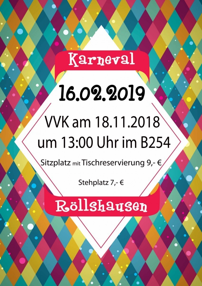 Karneval 2019: Karten-VVK am So, 18.11. im B254