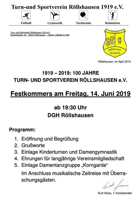 100 Jahre TuSpo Röllshausen: Festkommers am 14. Juni