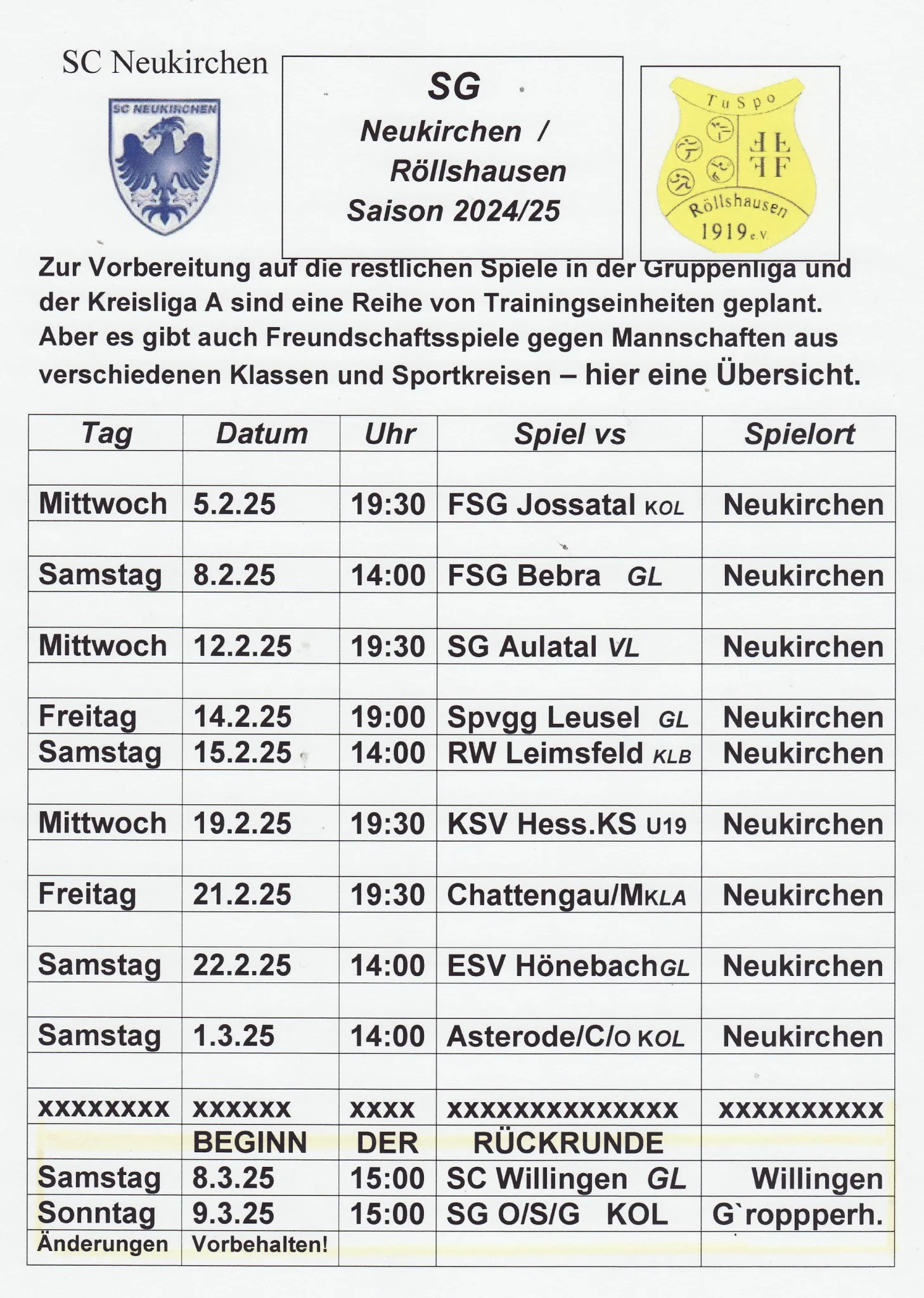 Geplante Freundschaftsspiele zur Vorbereitung Rückrunde der Saison 2024/25